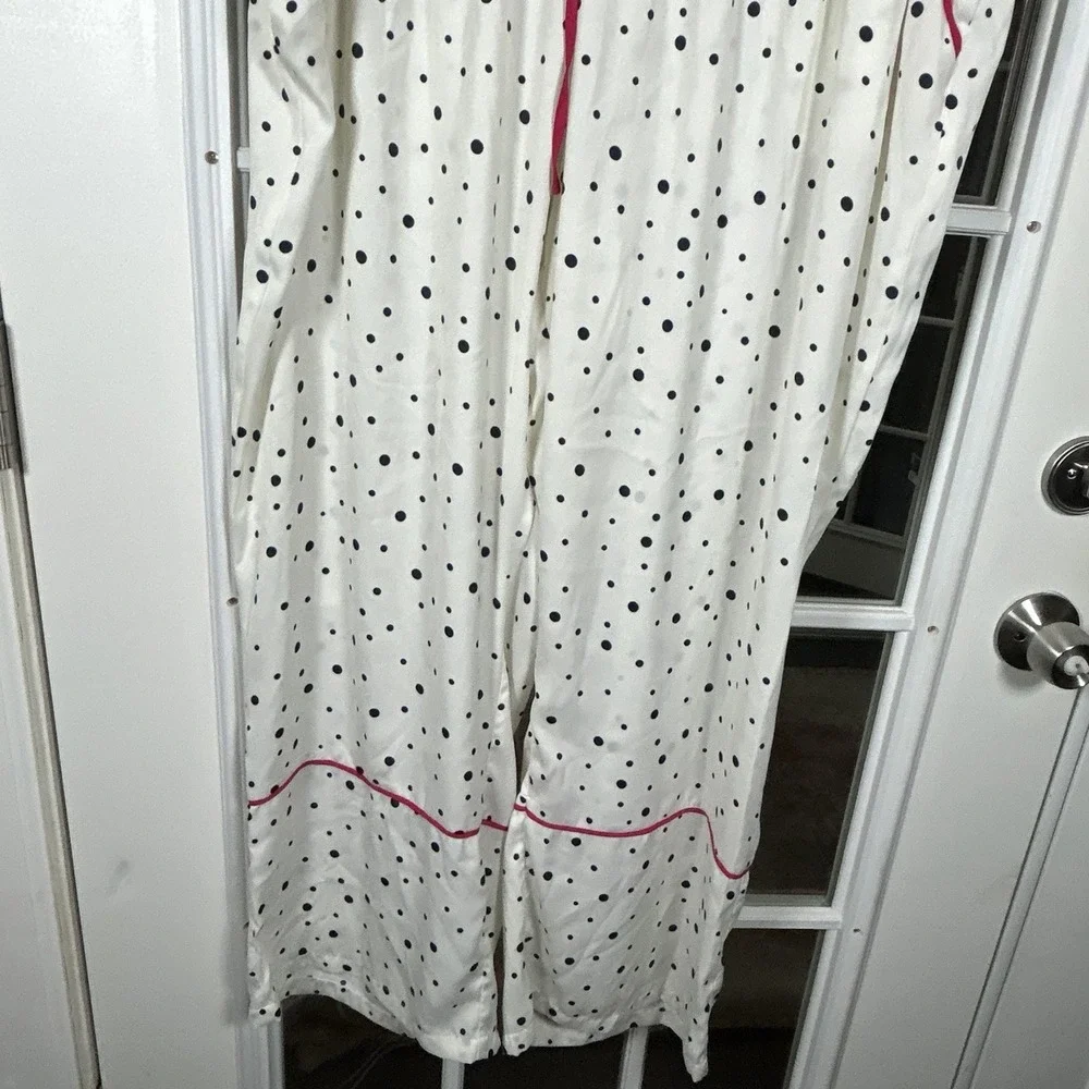 Summersalt‎ Polka Dot Satin Pajama Set White Navy Pink Piping 2XL Loungewear